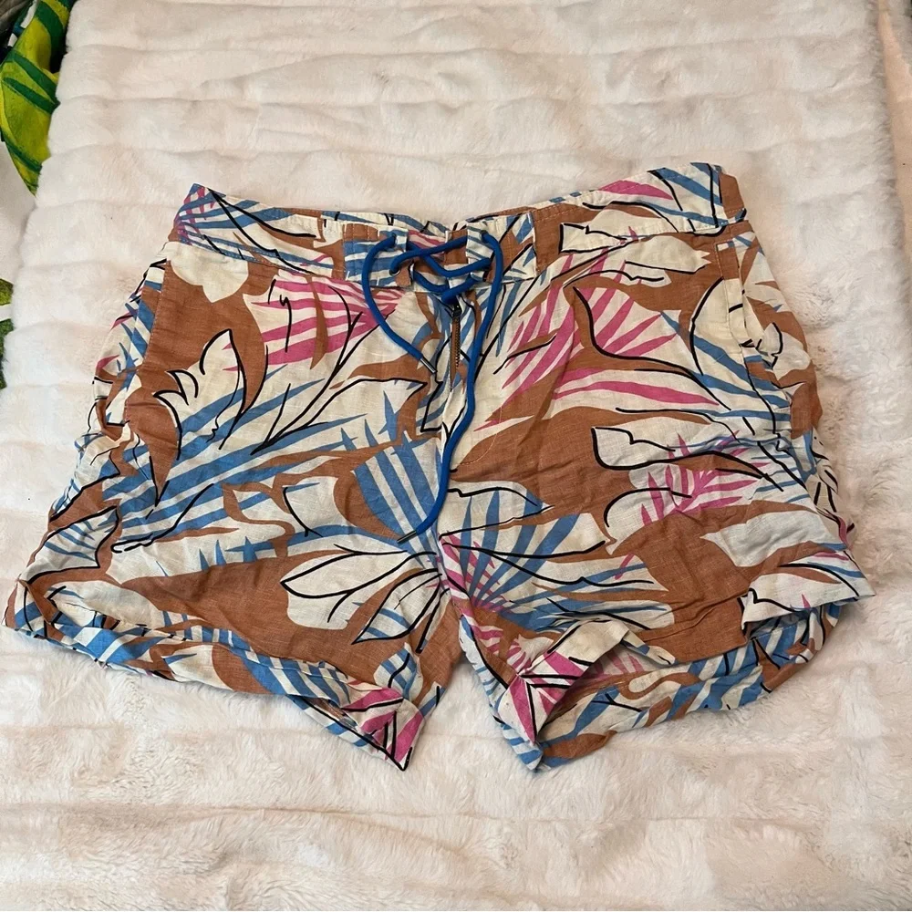 J. Crew 6 Tan Blue Preppy Tropical Cruise Vacation Lace Up Linen Beach Shorts